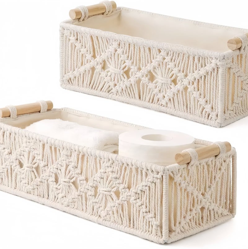 طقم من 2 سلال تخزين معقودة يدويًا بمقابض خشبية - للحمام والمنضدة والديكور المنزلي (كبير وصغير) - Image 1